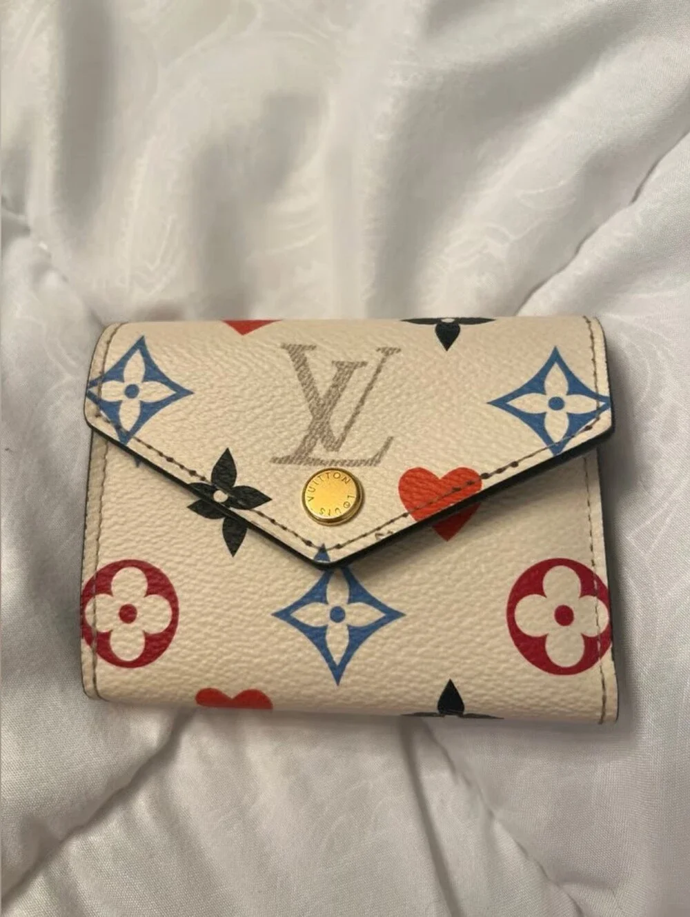 Louis Vuitton White Monogram Heart Trifold Wallet with Red and Blue Accents